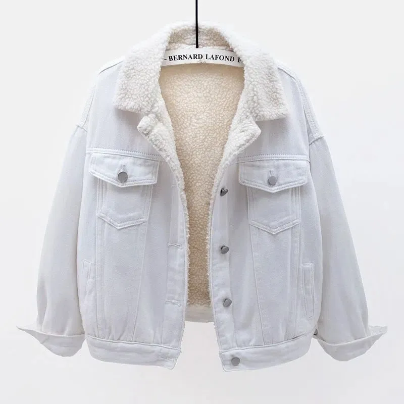 Denim Cotton-padded Thicken Fleece Liner Lambswool Coat Lady Warm Outerwear Loose Tops