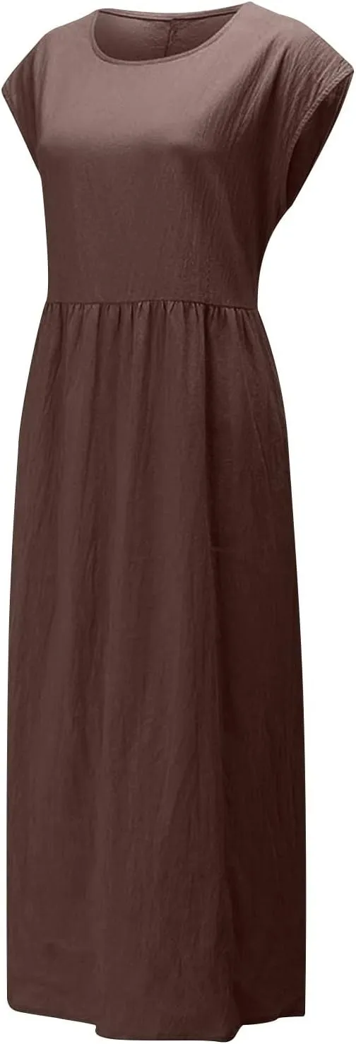 Dresses for Women Plus Size Summer Cotton Linen Dress Crewneck Cap Sleeve Loose Casual Beach Vacation Midi Dress