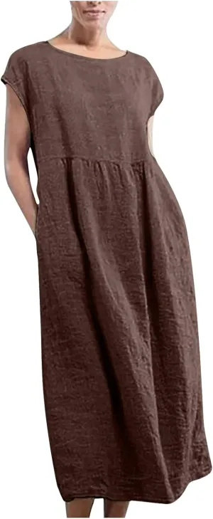 Dresses for Women Plus Size Summer Cotton Linen Dress Crewneck Cap Sleeve Loose Casual Beach Vacation Midi Dress
