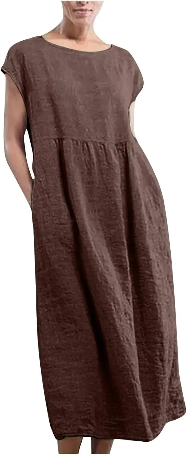 Dresses for Women Plus Size Summer Cotton Linen Dress Crewneck Cap Sleeve Loose Casual Beach Vacation Midi Dress