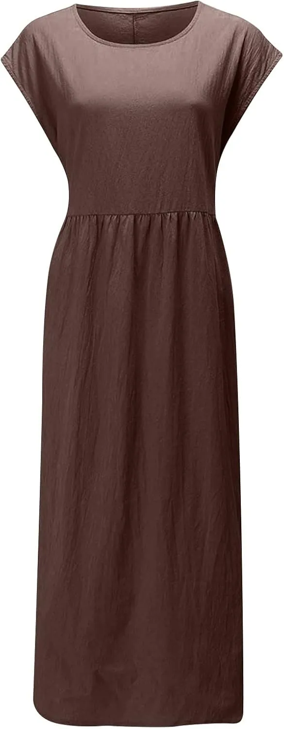 Dresses for Women Plus Size Summer Cotton Linen Dress Crewneck Cap Sleeve Loose Casual Beach Vacation Midi Dress