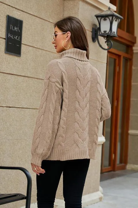 Fashionably Snug Turtle Neck Cable Knit Sweater