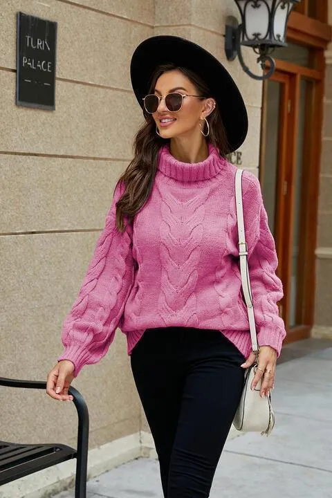 Fashionably Snug Turtle Neck Cable Knit Sweater