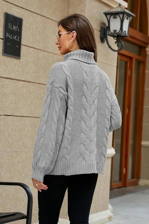 Fashionably Snug Turtle Neck Cable Knit Sweater