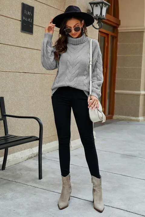 Fashionably Snug Turtle Neck Cable Knit Sweater