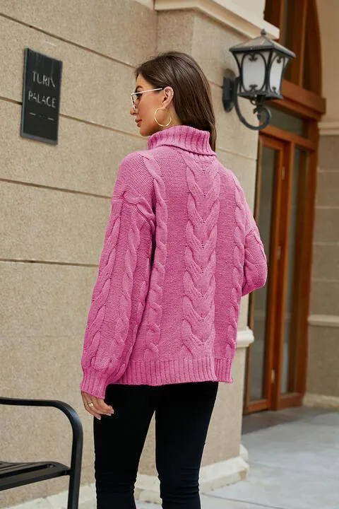 Fashionably Snug Turtle Neck Cable Knit Sweater