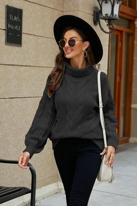 Fashionably Snug Turtle Neck Cable Knit Sweater