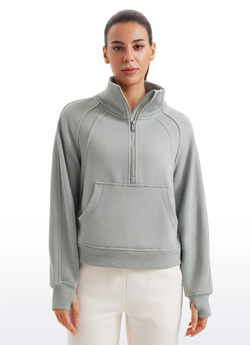Fleece Lined Half Zip Hoodies Funnel Neck with Thumb Holes