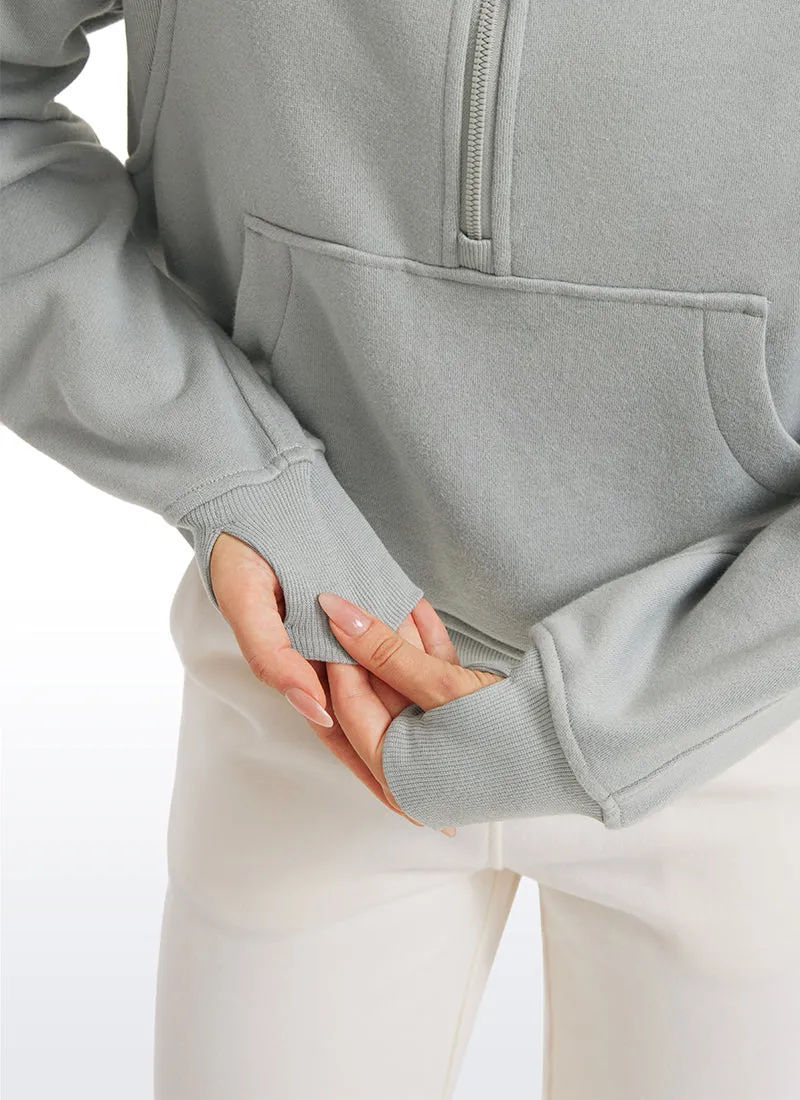 Fleece Lined Half Zip Hoodies Funnel Neck with Thumb Holes
