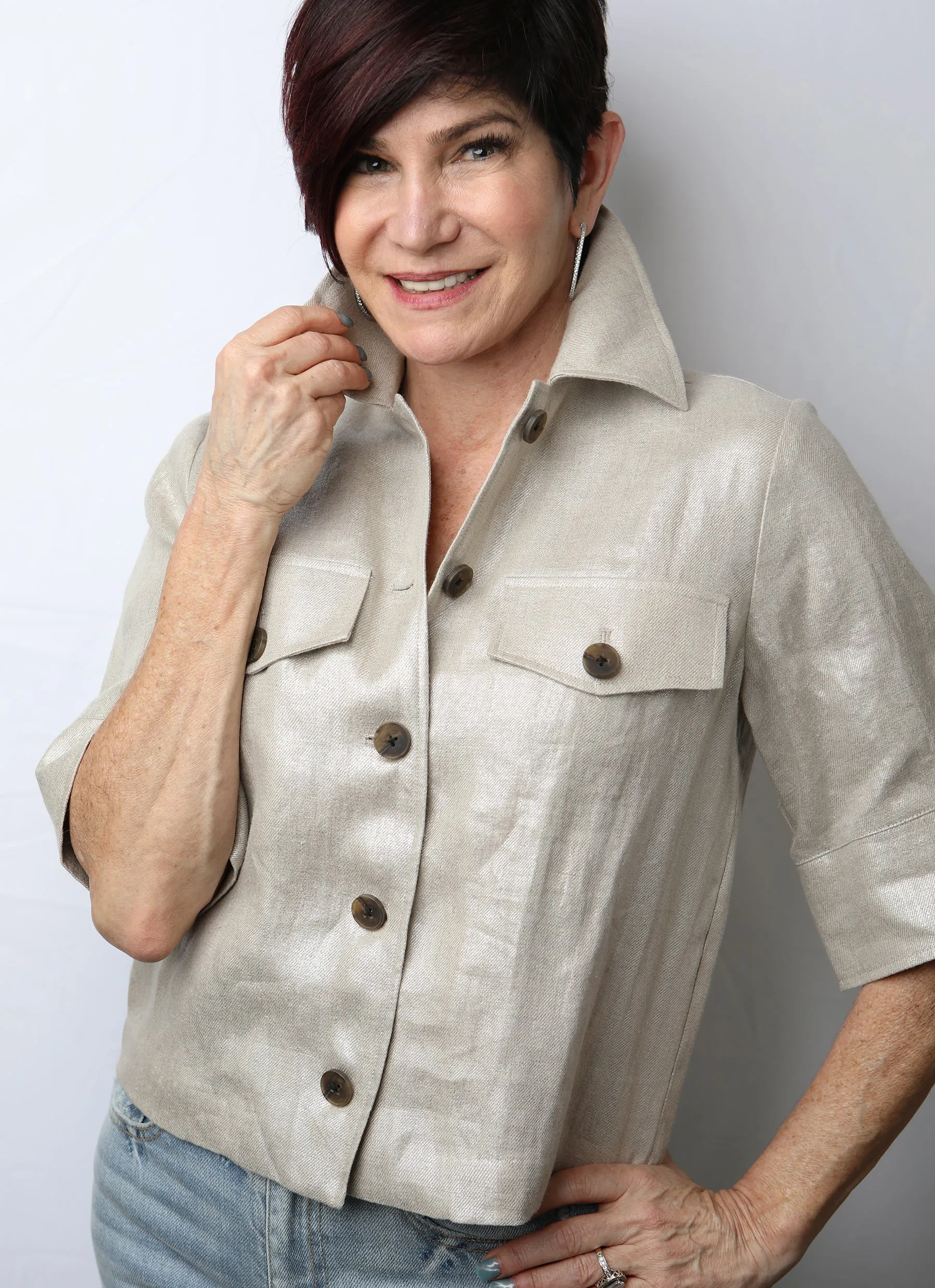 Foiled Linen Blend Short Sleeve Boxy Jacket