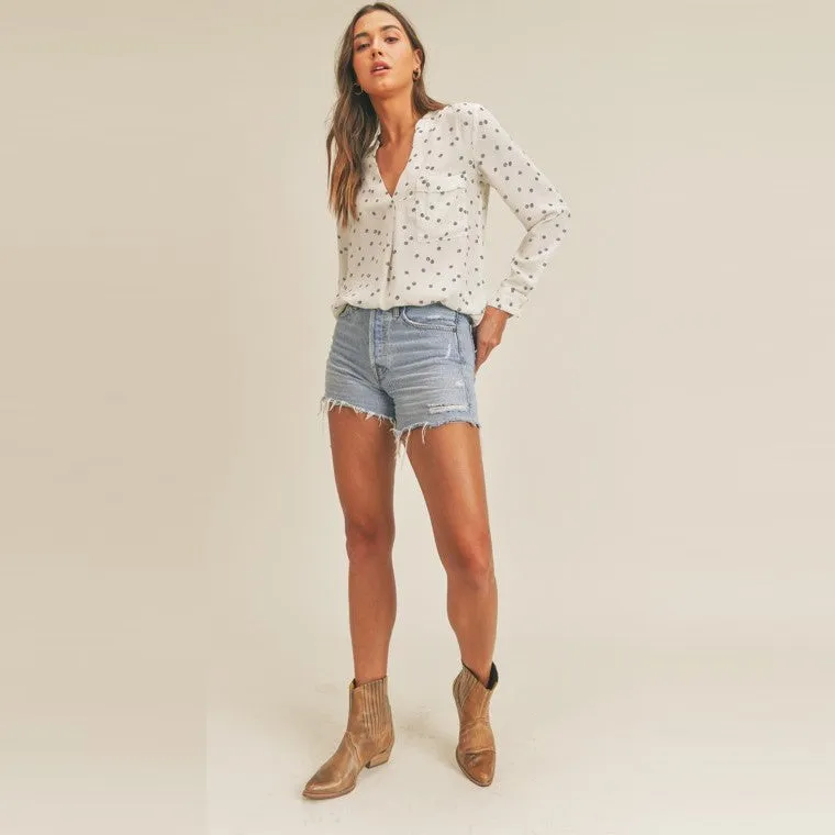 Front Pocket V Neck Printed Long Sleeve Blouse (Off White)