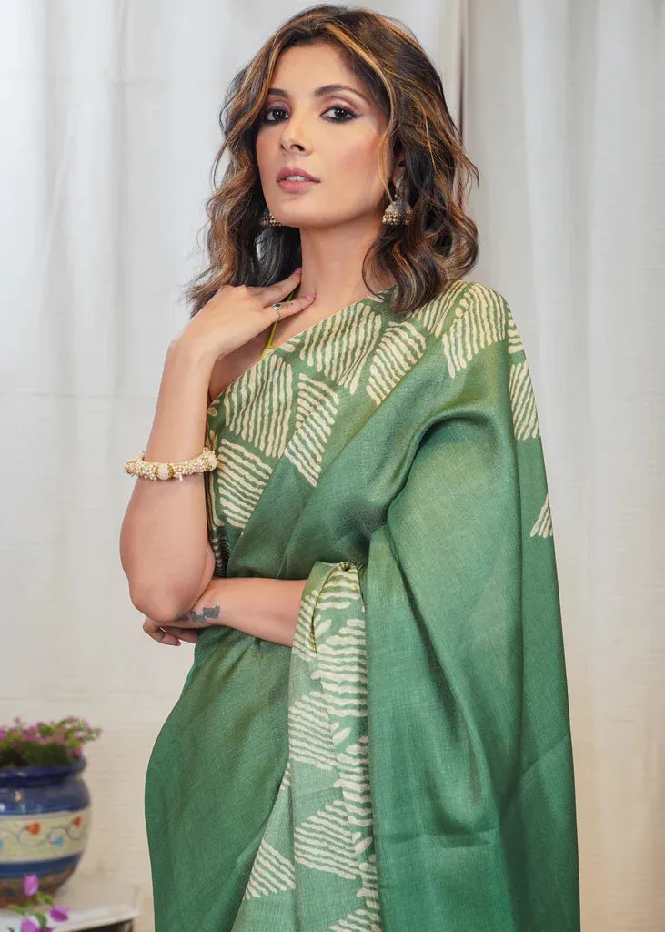GREEN PRINTED VISCOSE SAREE
