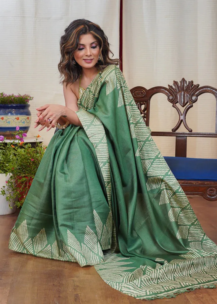 GREEN PRINTED VISCOSE SAREE