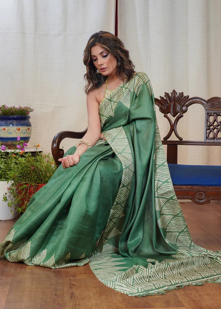 GREEN PRINTED VISCOSE SAREE