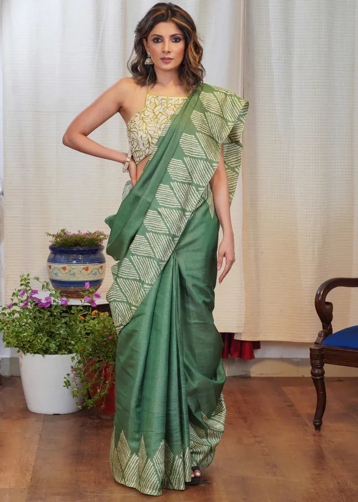 GREEN PRINTED VISCOSE SAREE