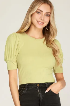GREEN TEA PUFF SHORT SLEEVES RIB KNIT TOP S5SS9838