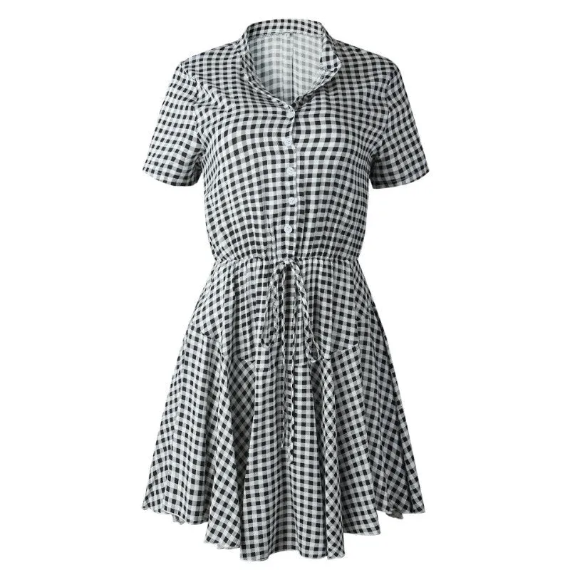 Half Button Printed A Line Shhort Dress