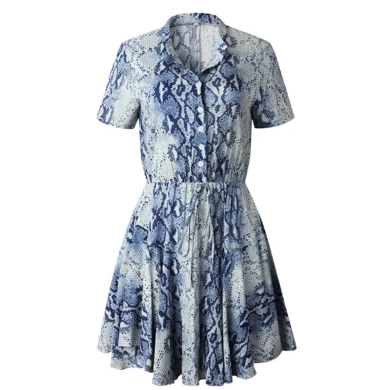 Half Button Printed A Line Shhort Dress