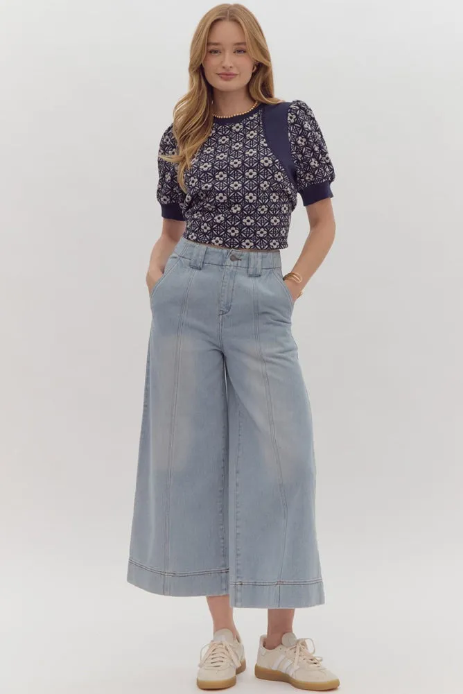 HW Wide Leg Crop Pants in Denim Blue by Entro