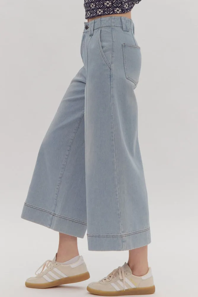 HW Wide Leg Crop Pants in Denim Blue by Entro