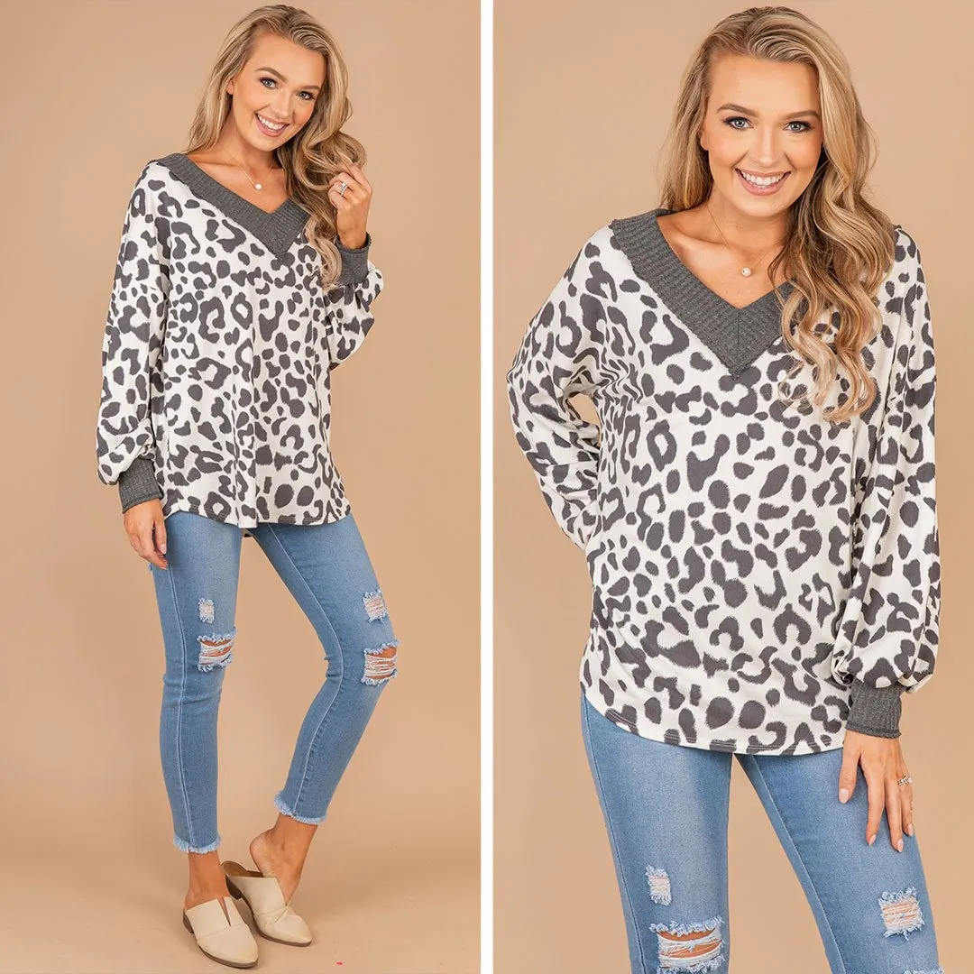 In The Clear Gray And Charcoal Leopard Top