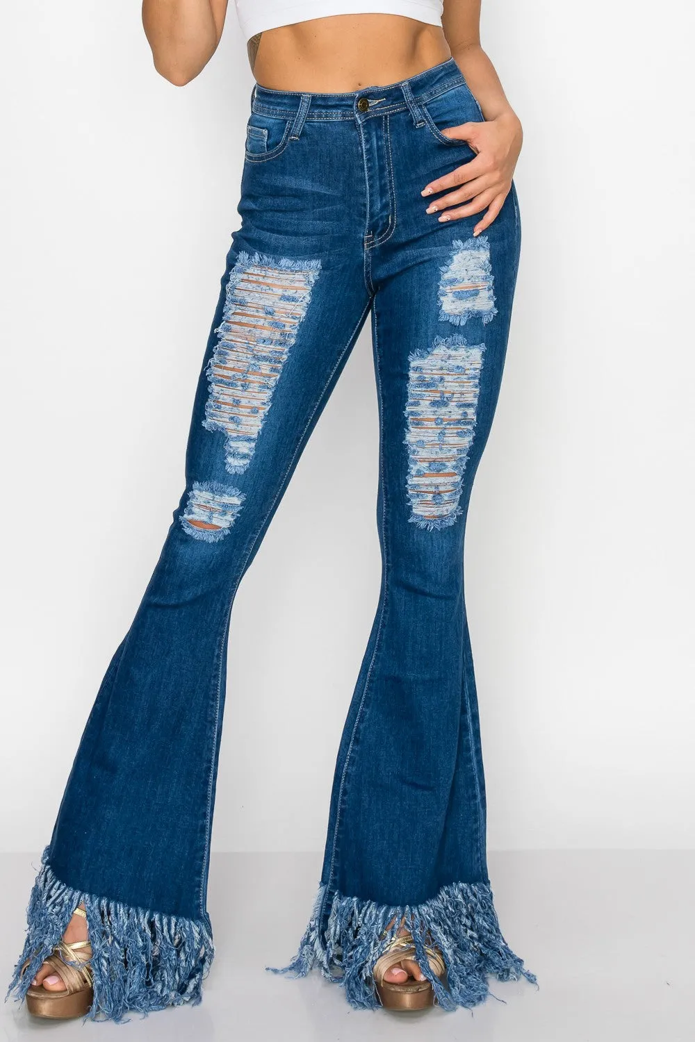 JAZZ-061 BELL BOTTOM FLARE LEG RIPPED DISTRESSED & DESTROYED JEANS