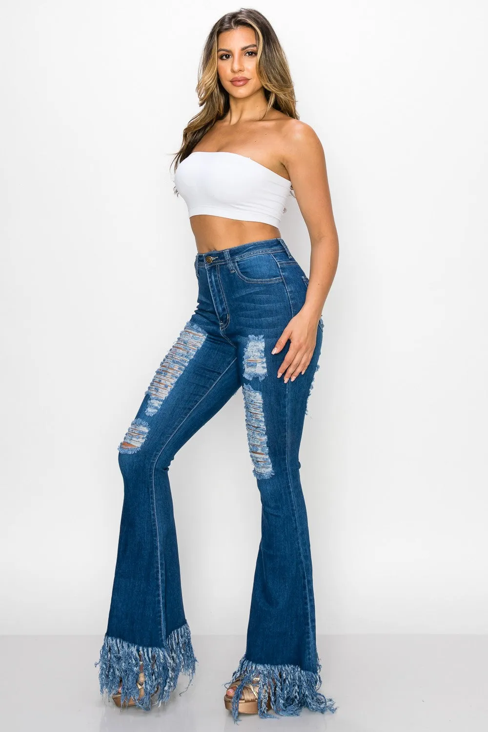 JAZZ-061 BELL BOTTOM FLARE LEG RIPPED DISTRESSED & DESTROYED JEANS
