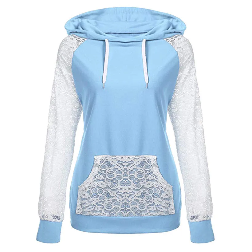 Lace Patchwork Drawstring Pocket Slim Hoodie