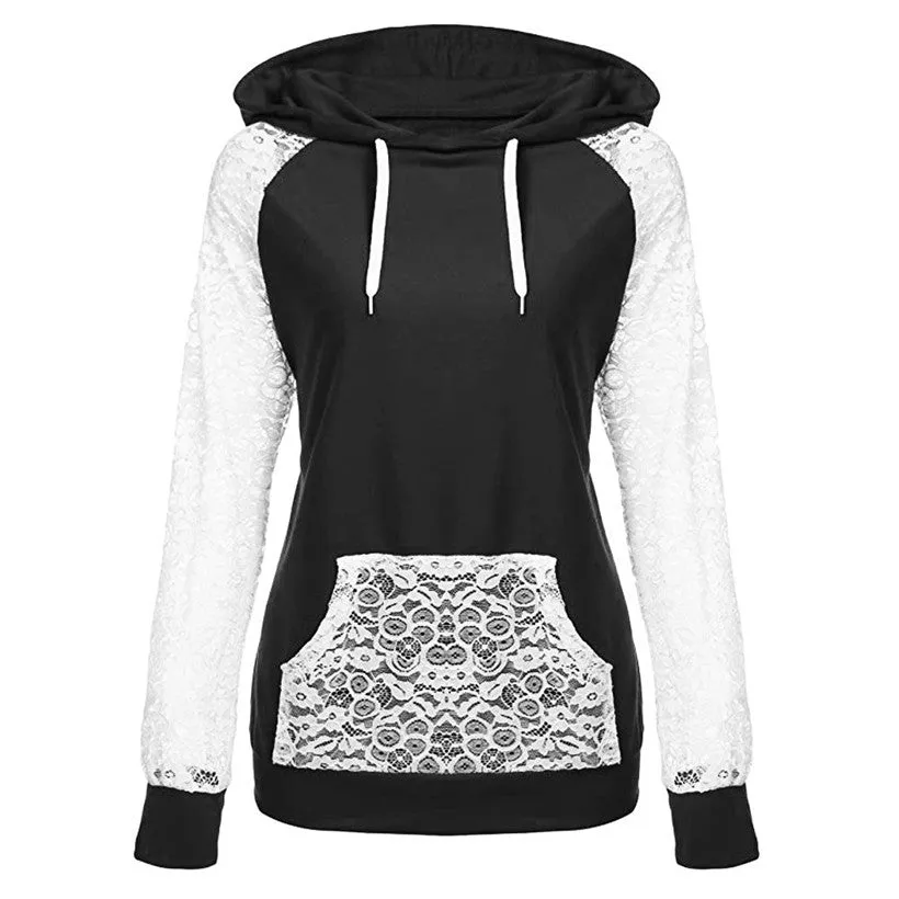 Lace Patchwork Drawstring Pocket Slim Hoodie