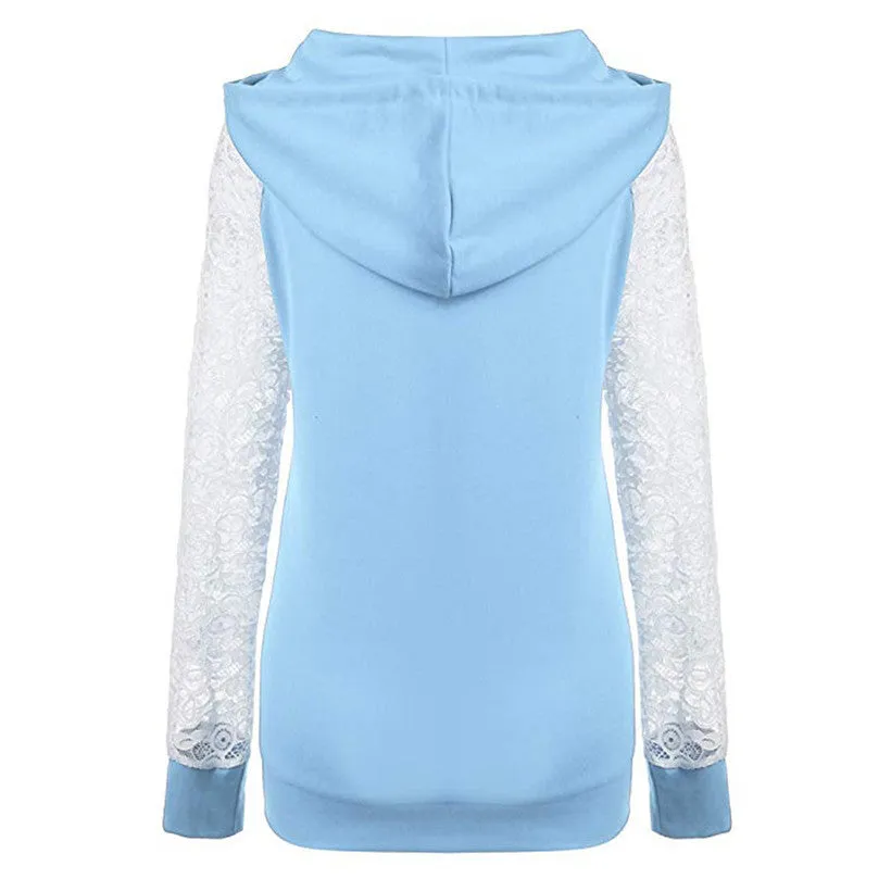 Lace Patchwork Drawstring Pocket Slim Hoodie