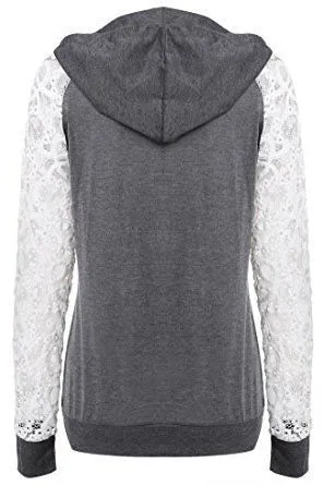 Lace Patchwork Drawstring Pocket Slim Hoodie