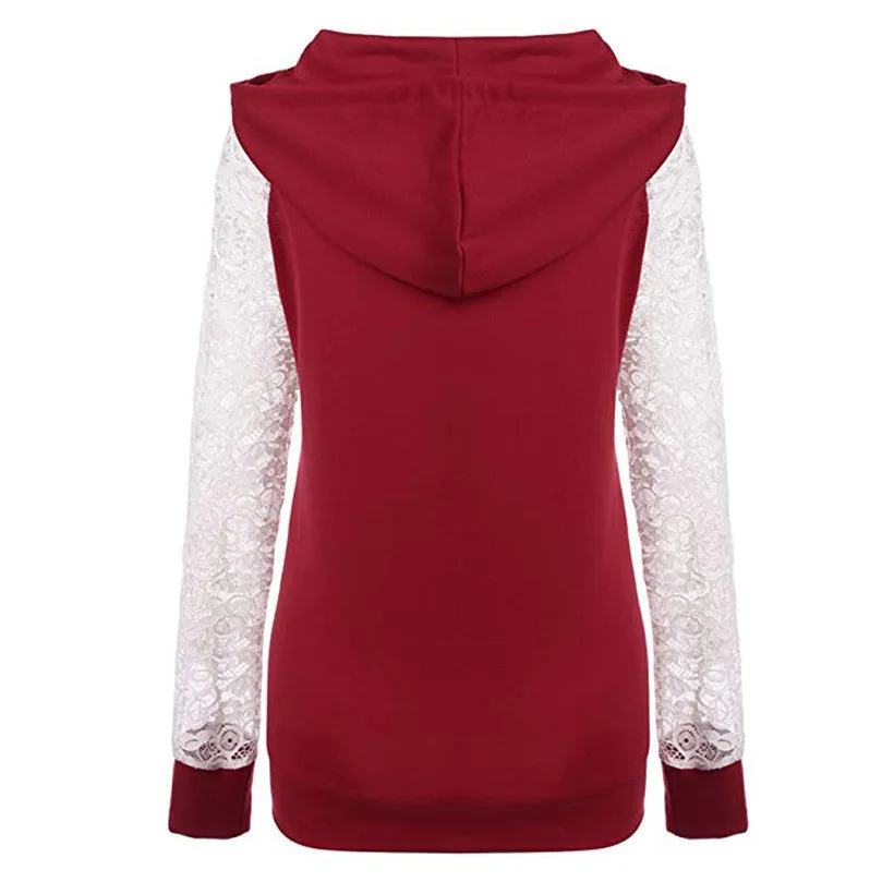 Lace Patchwork Drawstring Pocket Slim Hoodie