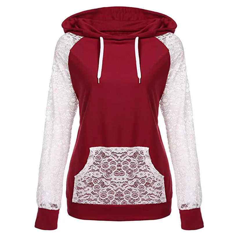 Lace Patchwork Drawstring Pocket Slim Hoodie