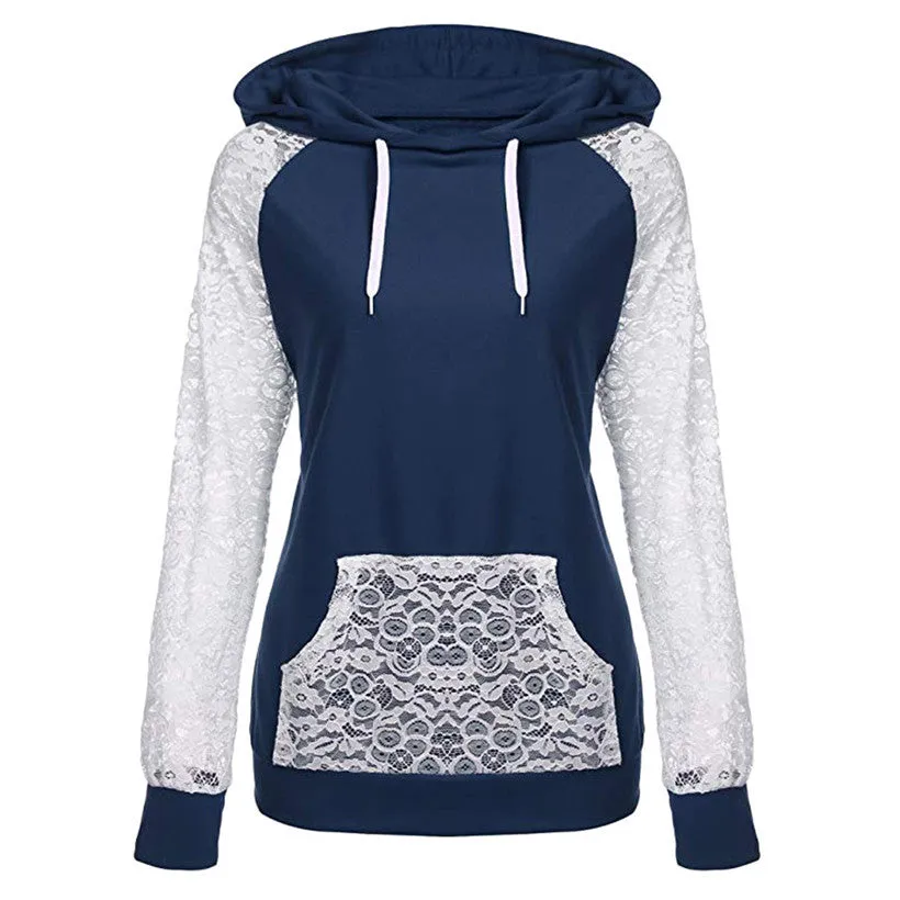 Lace Patchwork Drawstring Pocket Slim Hoodie