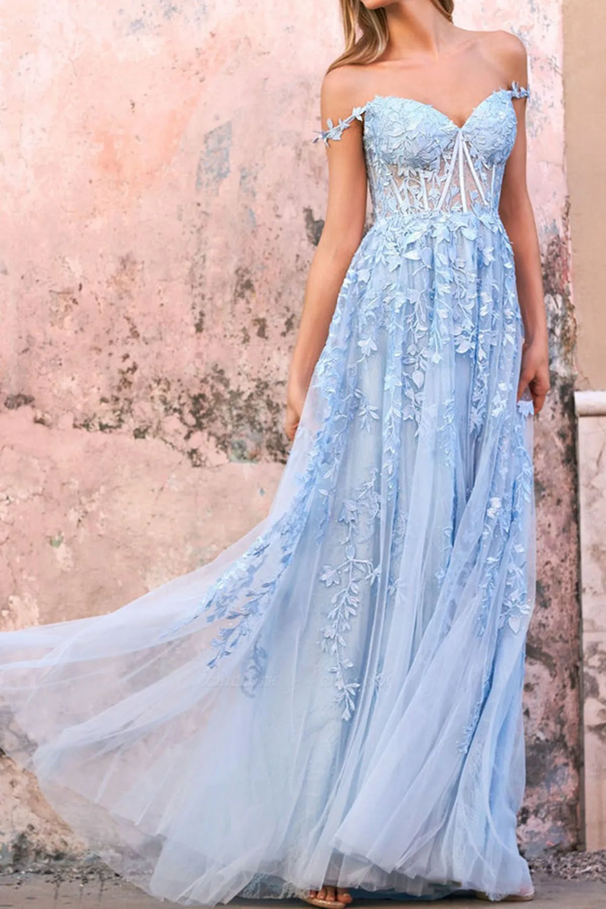 Light Blue Lace Off the Shoulder Long Prom Dresses, Light Blue Lace Formal Dresses, Blue Evening Dresses WT1080