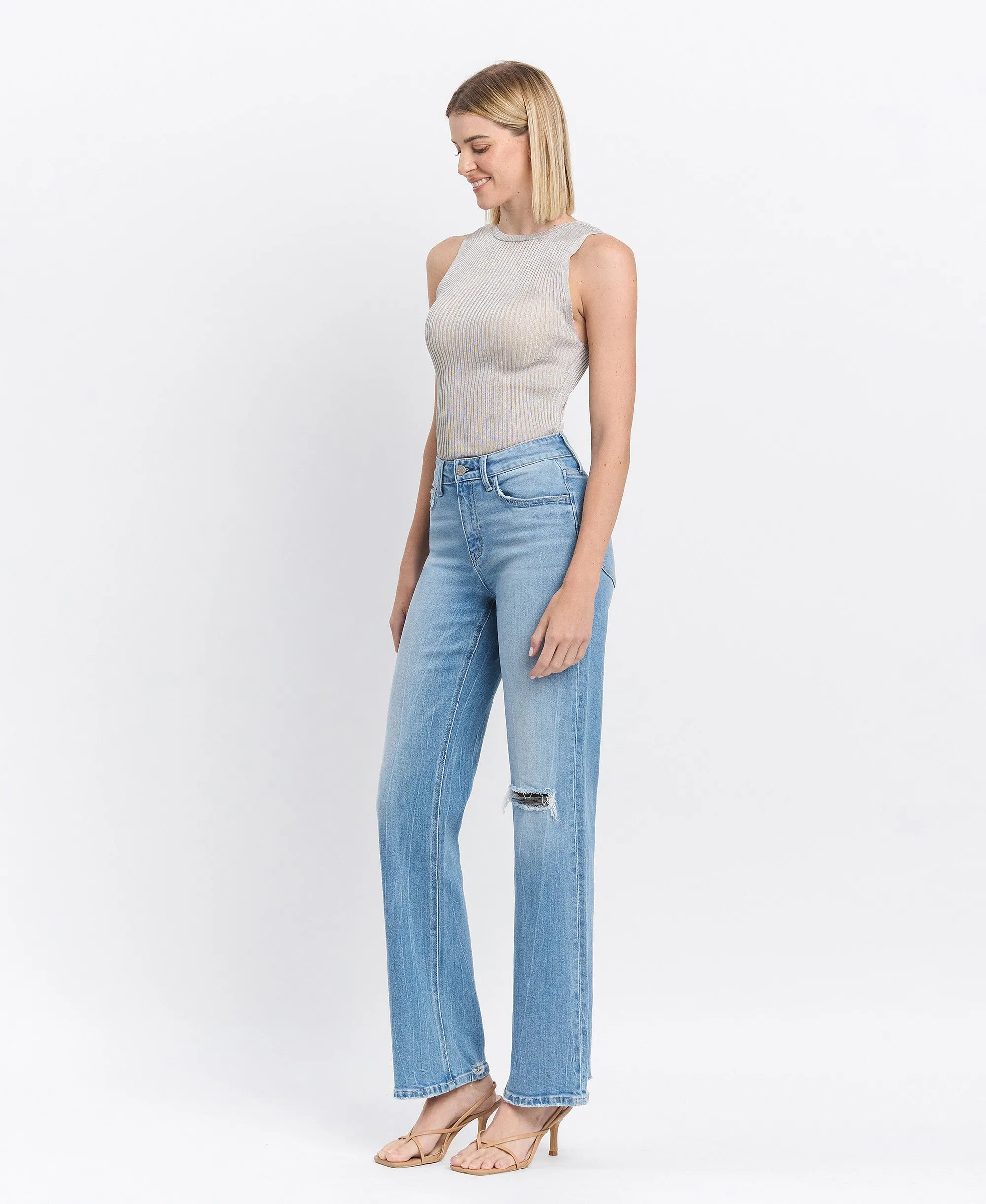 Literary - High Rise Distressed Slim Wide Jeans
