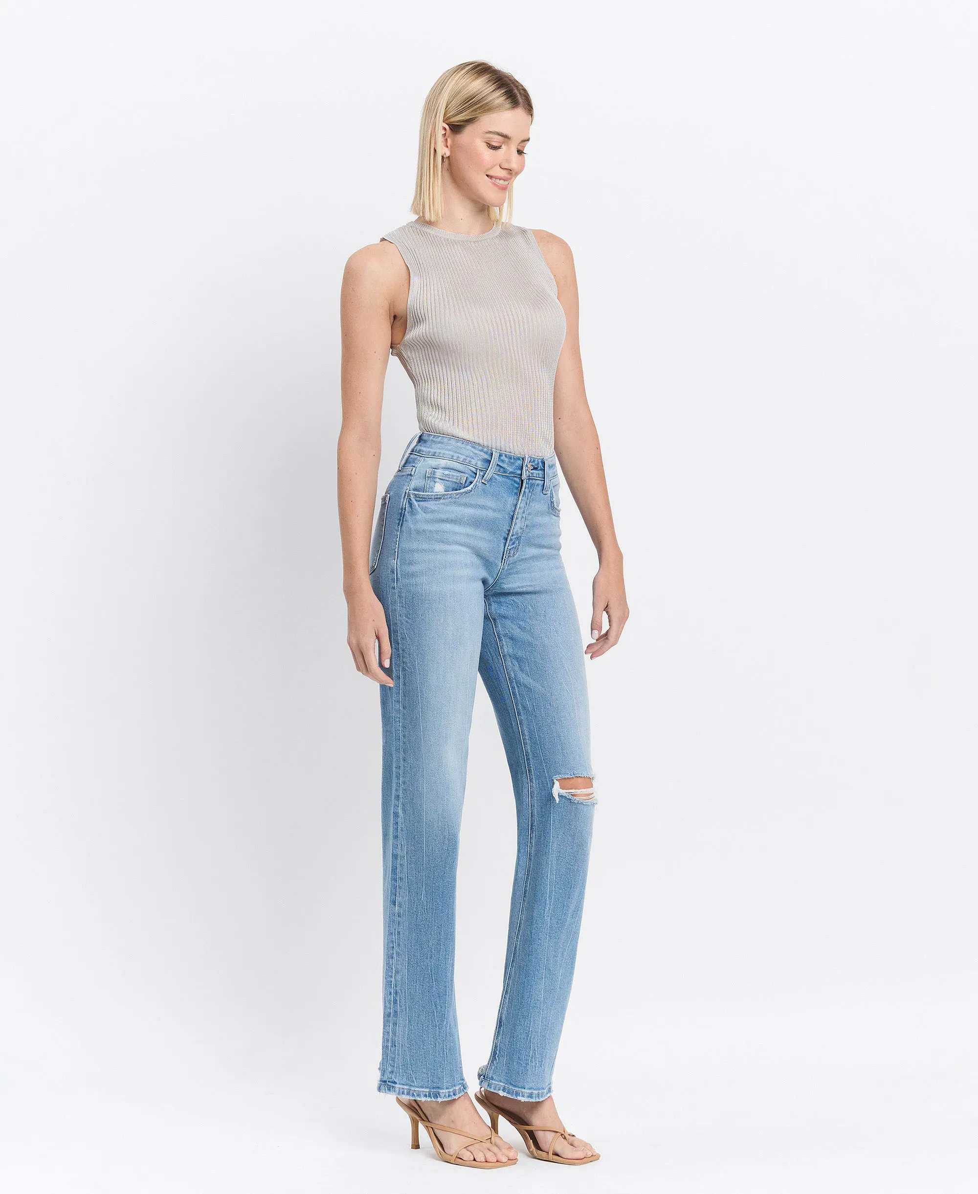 Literary - High Rise Distressed Slim Wide Jeans
