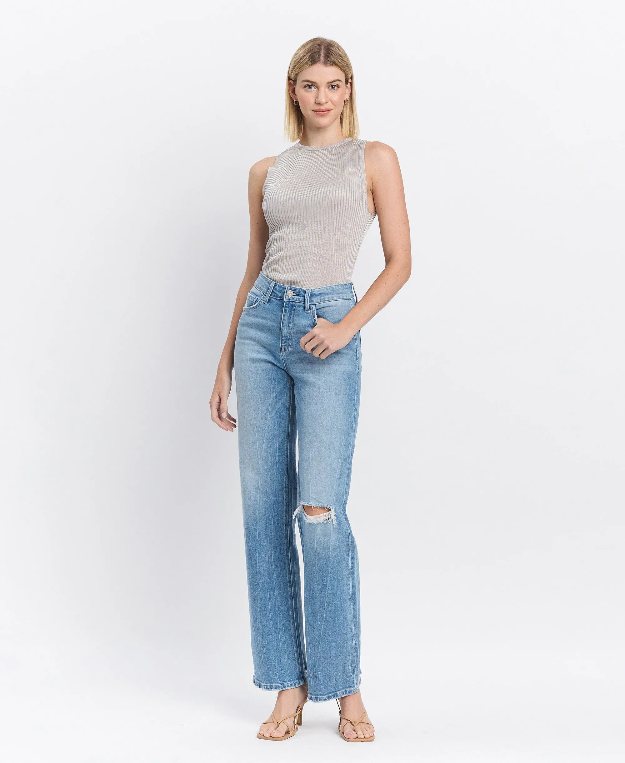 Literary - High Rise Distressed Slim Wide Jeans