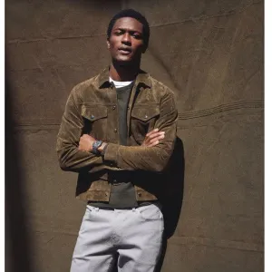 Men's Olive Suede Leather Shirt - Jeans Style