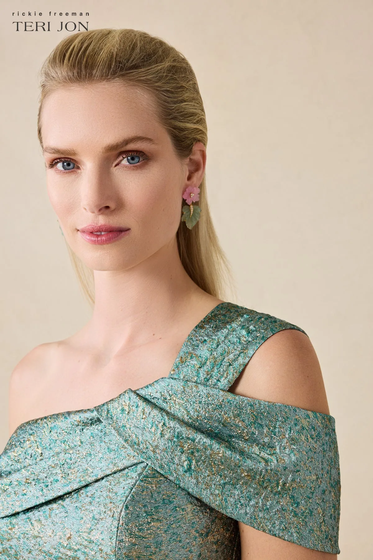 Metallic Jacquard Asymmetrical One Shoulder Evening Gown