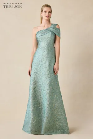 Metallic Jacquard Asymmetrical One Shoulder Evening Gown