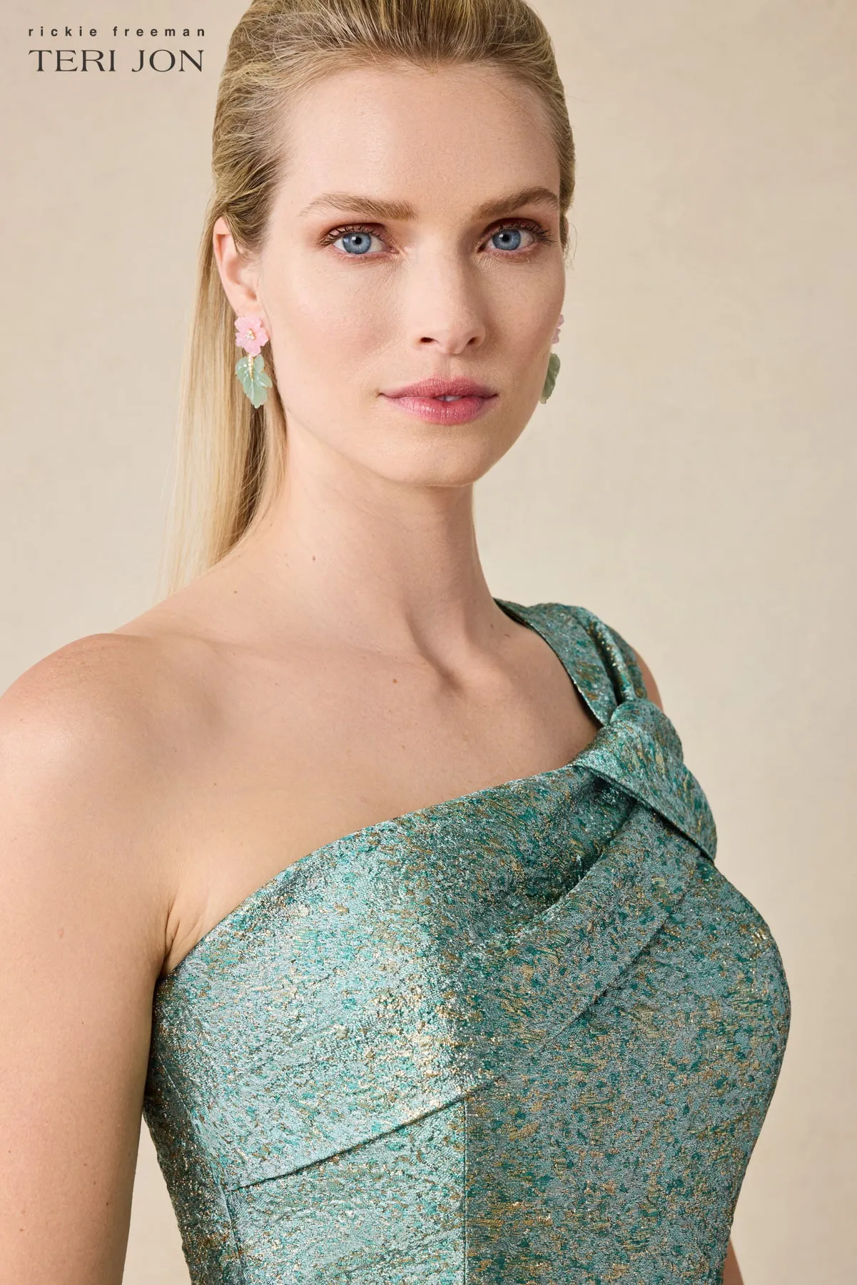 Metallic Jacquard Asymmetrical One Shoulder Evening Gown
