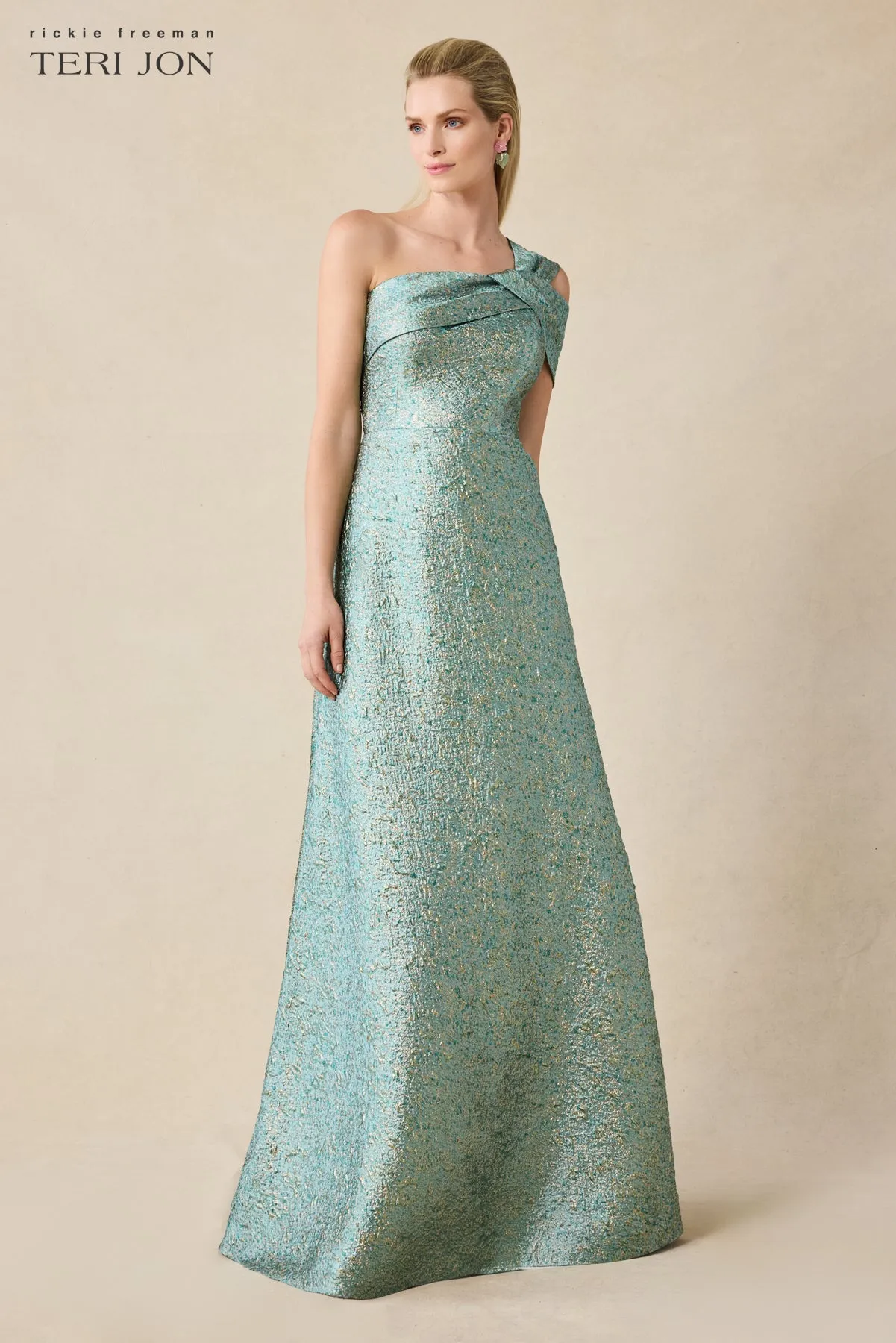 Metallic Jacquard Asymmetrical One Shoulder Evening Gown