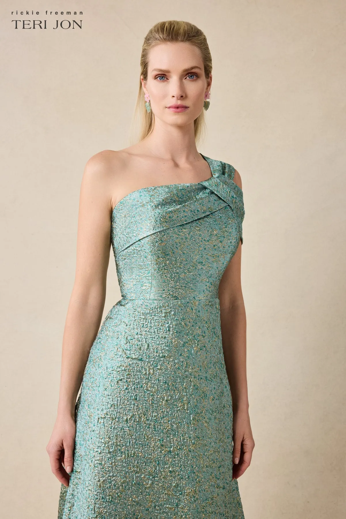 Metallic Jacquard Asymmetrical One Shoulder Evening Gown