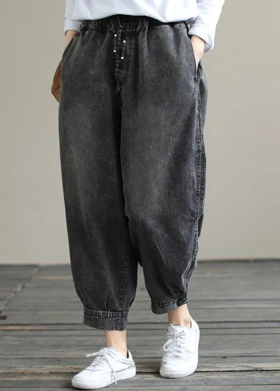 Modern Spring Wide Leg Pants Trendy Plus Size Denim Gray Sewing Elastic Waist Pockets Jeans