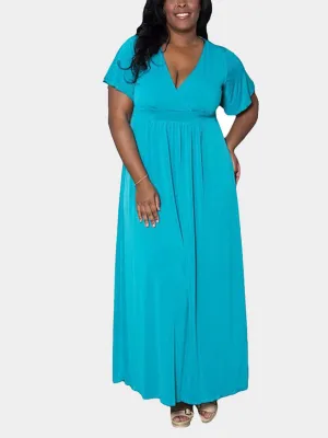 OEM ODM V-Neck Light Blue Plus Size Maxi Dress
