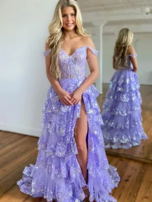 Off the Shoulder Multi Layered Lace Prom Dresses, Lace Layered Long Formal Evening Dresses
