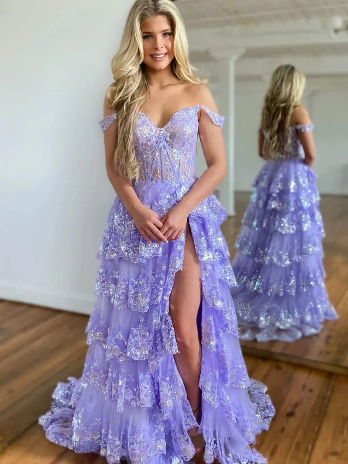 Off the Shoulder Multi Layered Lace Prom Dresses, Lace Layered Long Formal Evening Dresses