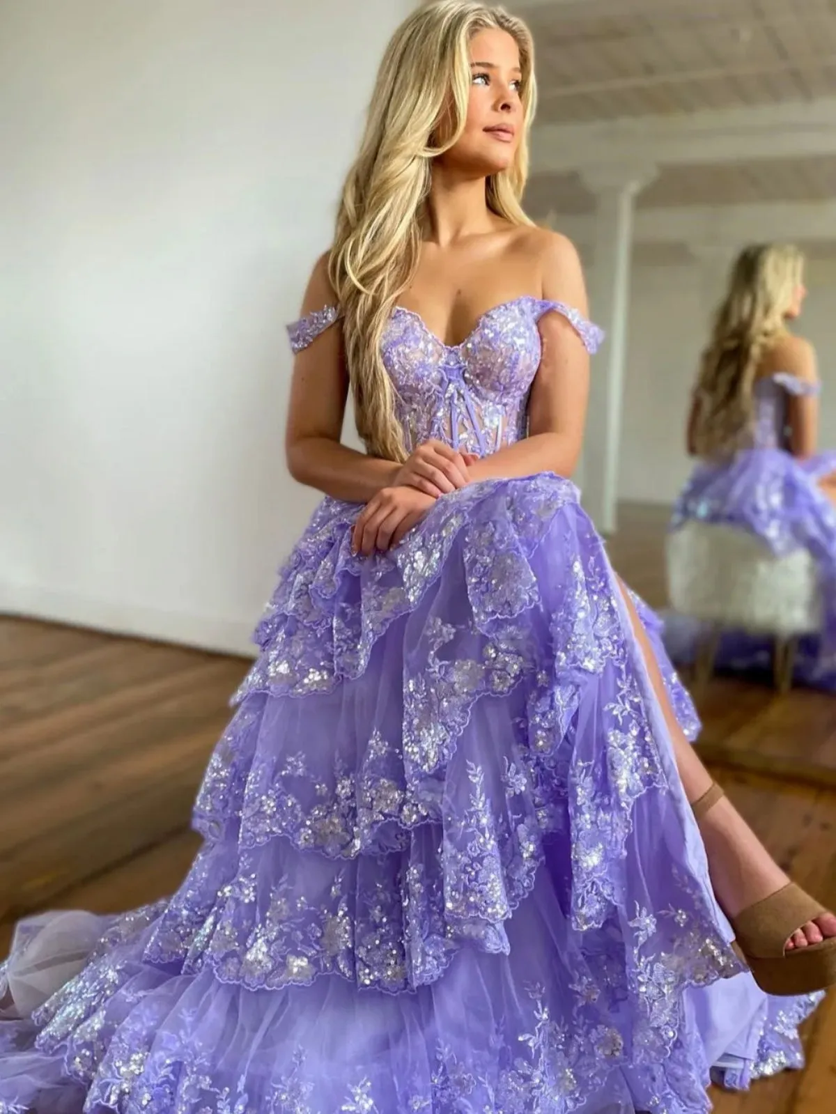 Off the Shoulder Multi Layered Lace Prom Dresses, Lace Layered Long Formal Evening Dresses