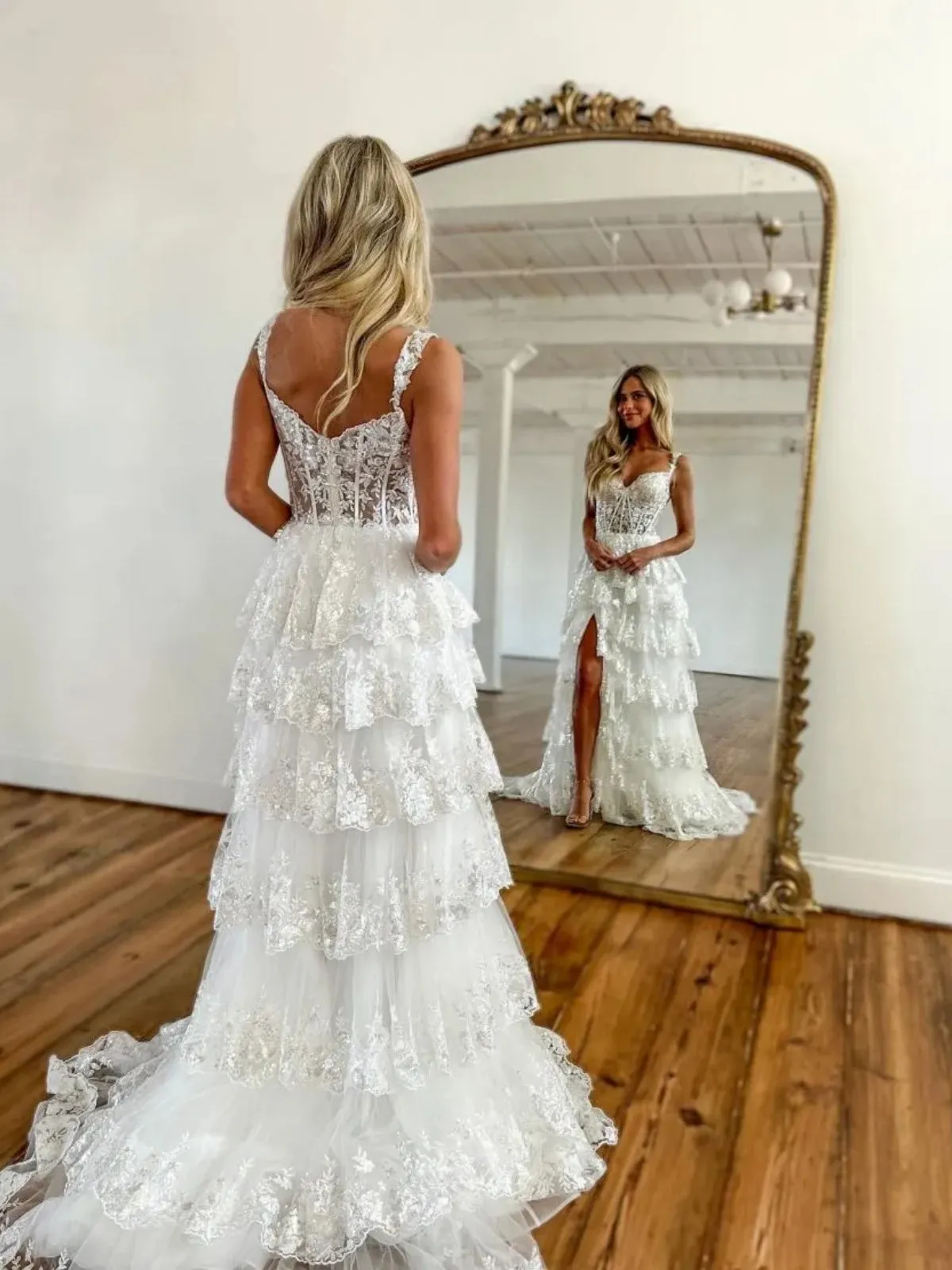 Off the Shoulder Multi Layered Lace Prom Dresses, Lace Layered Long Formal Evening Dresses